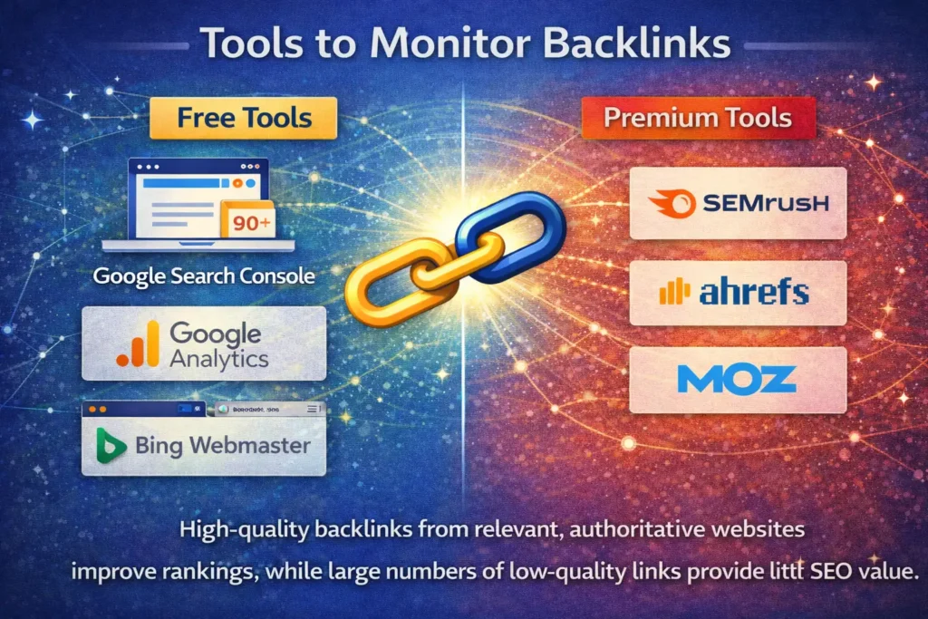 Backlink monitoring tools infographic comparing free tools like Google Search Console and Bing Webmaster Tools with premium tools like Ahrefs, SEMrush, and Moz.