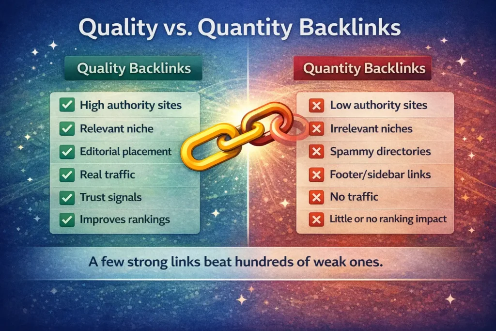 Quality vs quantity backlinks comparison infographic showing benefits of high authority links versus risks of low quality spammy links