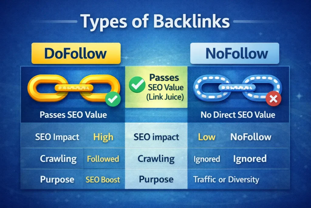 Types of backlinks comparison chart showing DoFollow vs NoFollow links and their SEO impact.