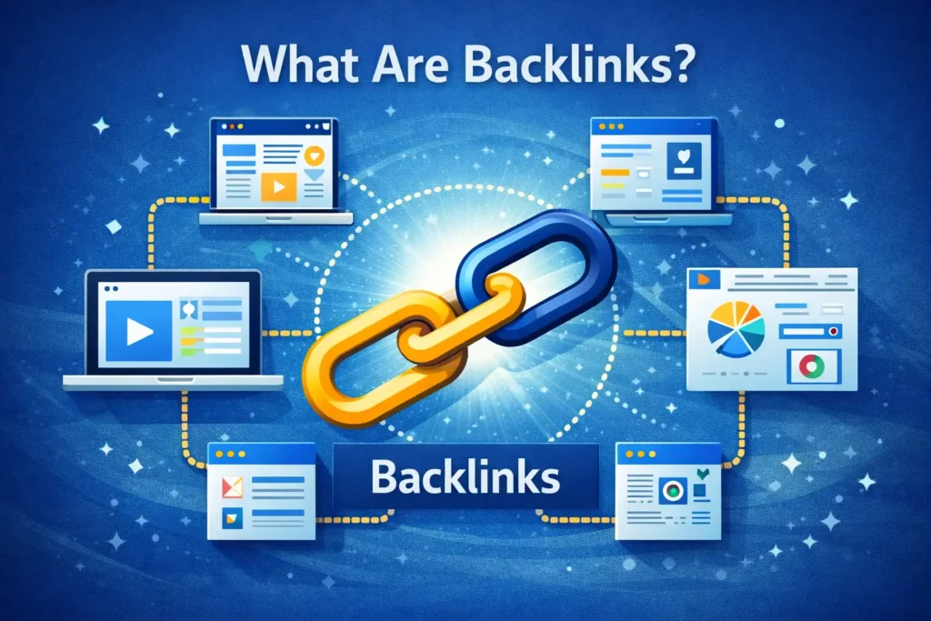 Diagram explaining what backlinks are with websites linking to a central page for SEO.