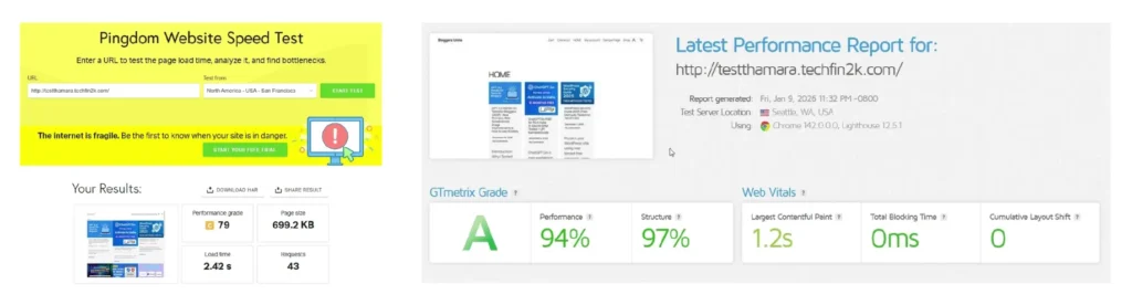 GTmetrix and Pingdom website speed test results for the same site shown side by side to compare performance metrics