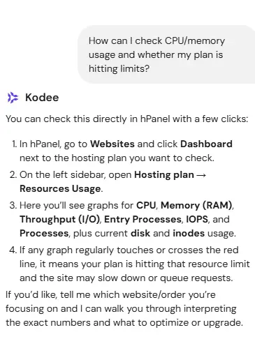 Hosting support chat explaining how to check CPU memory and resource usage limits in hPanel.