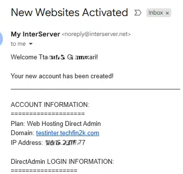 InterServer hosting account activation email confirming test domain setup for performance testing