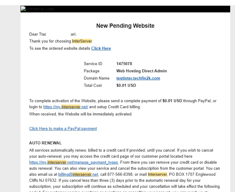 InterServer hosting order confirmation showing real account purchase for testing