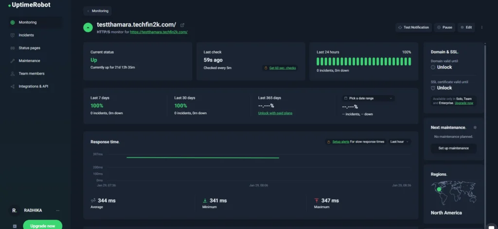 UptimeRobot dashboard showing 22 days of uptime monitoring for testthamar.techfin2k.com with 99.9%+ availability.