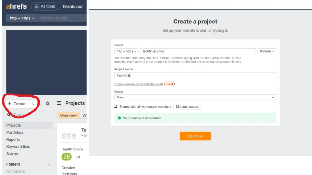 Ahrefs dashboard showing Projects page and Create button to add a website