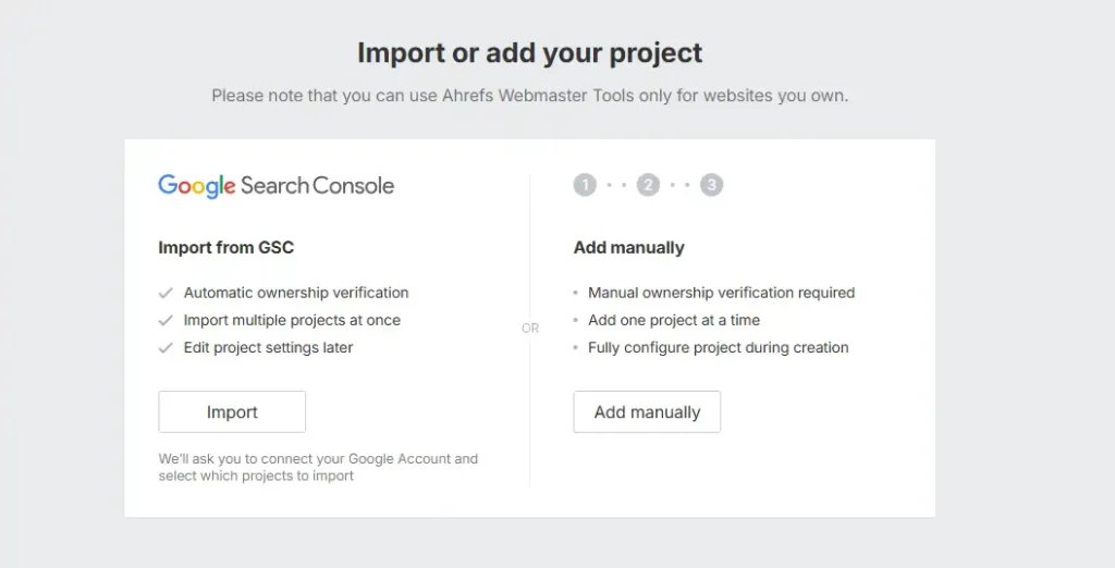 Ahrefs Import from Google Search Console option for automatic website verification