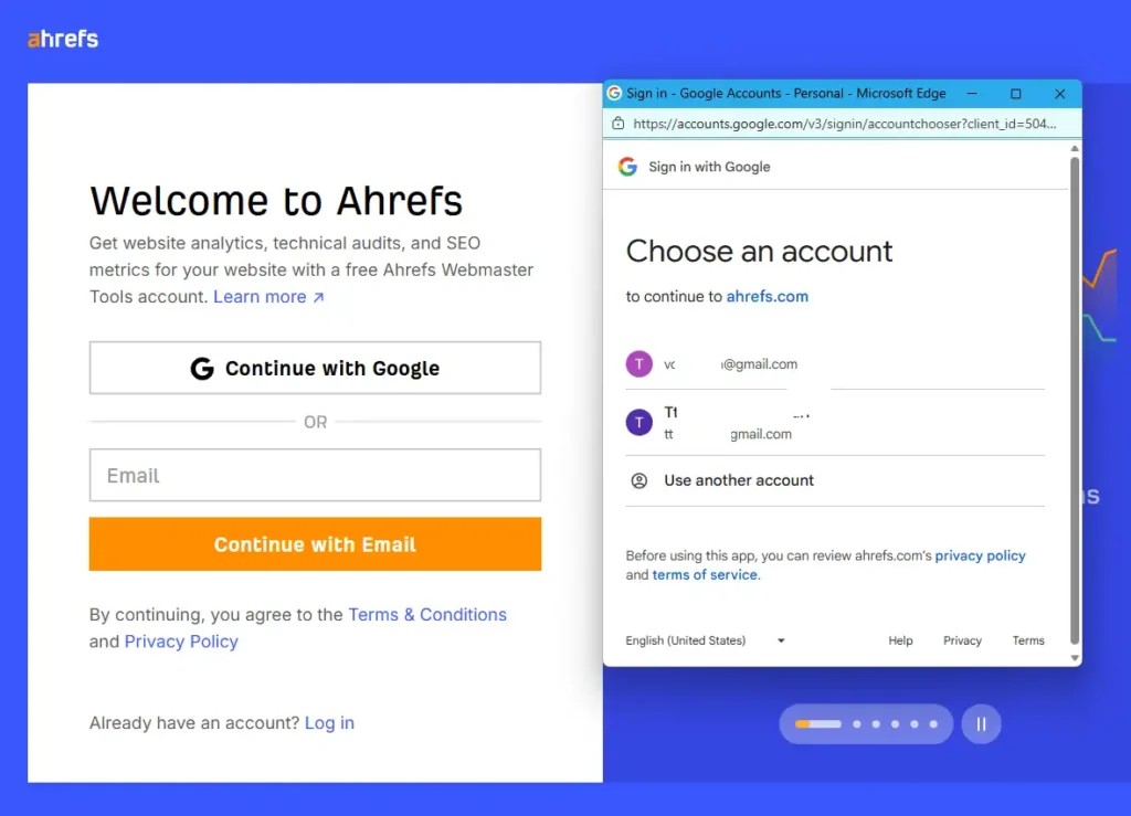 Ahrefs Webmaster Tools login page showing Continue with Google and email login options