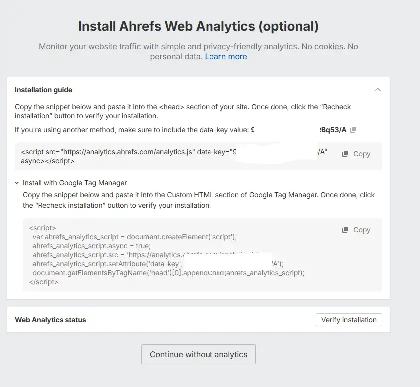 Ahrefs manual verification code snippet for verifying website ownership