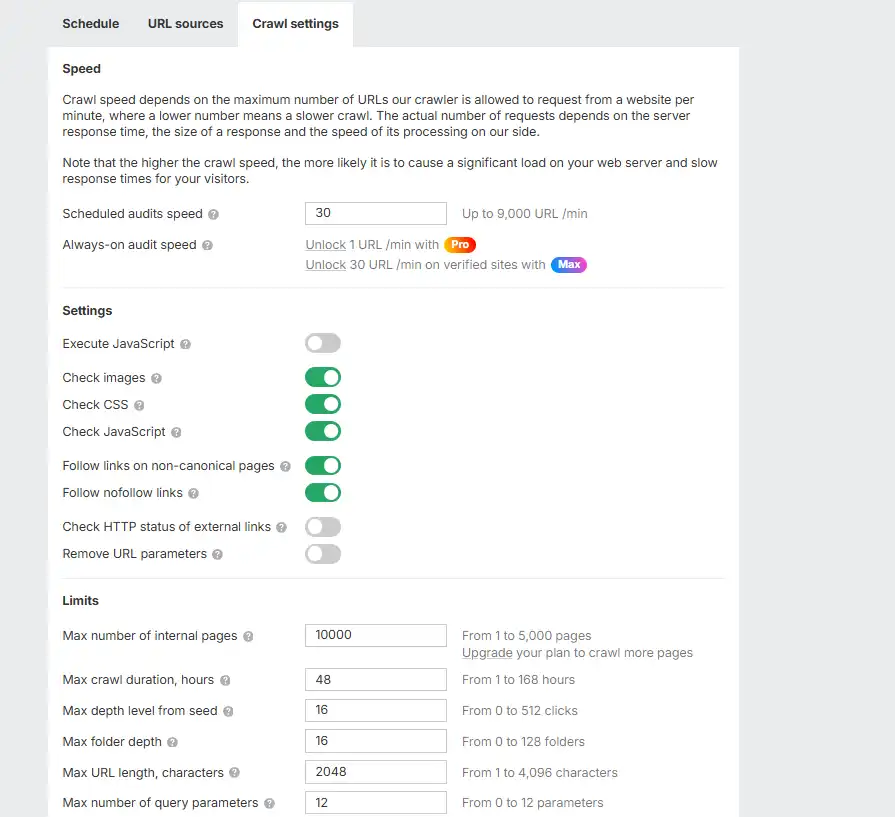 Ahrefs Site Audit crawl settings showing speed control and resource check toggles
