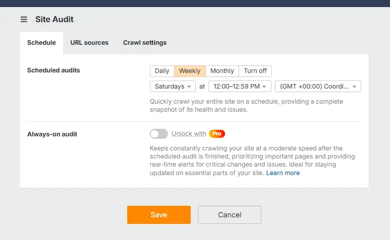 Ahrefs Site Audit schedule tab showing frequency options with Weekly selected