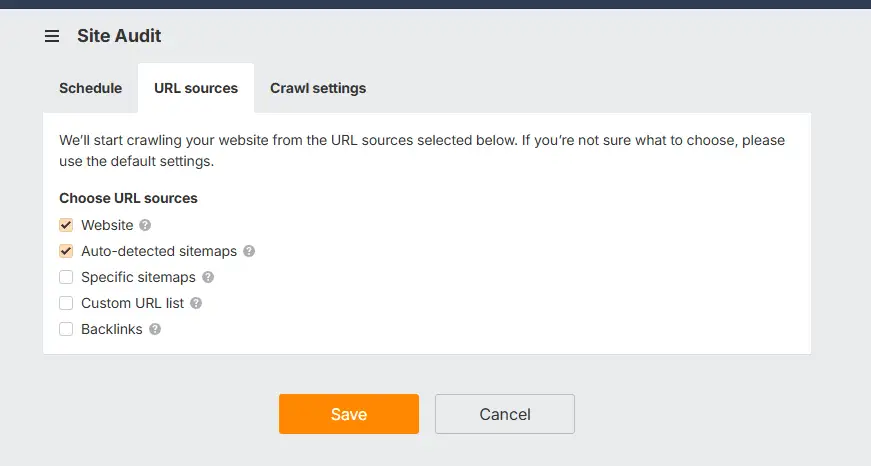 Ahrefs Site Audit URL sources tab with Website and Auto-detected sitemaps selected
