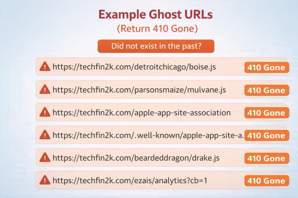 Examples of ghost URLs in WordPress showing random bot-generated JavaScript files and system paths returning 410 Gone to save crawl budget.