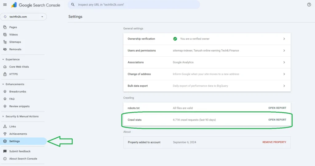 Google Search Console settings page with the Crawl Stats option highlighted to show how to open crawl statistics