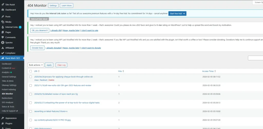 Rank Math 404 Monitor dashboard in WordPress showing a list of broken URLs and hit counts detected on the website.