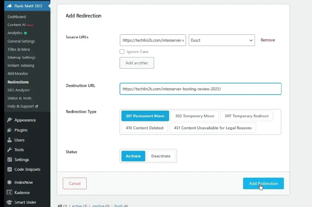 Rank Math redirection form in WordPress showing source URL, destination URL, 301 permanent redirect selected, and Add Redirection button.