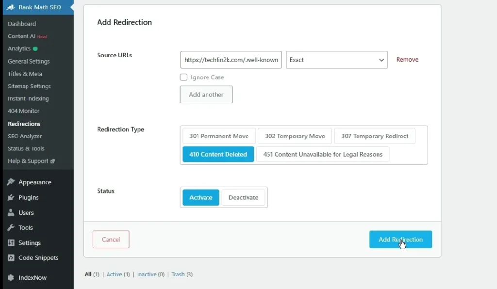 Rank Math redirection form in WordPress with ghost URL as source and 410 Content Deleted selected, destination field disabled.