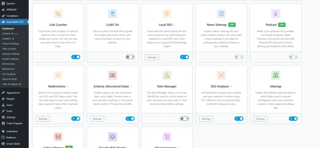 WordPress dashboard with Rank Math SEO plugin menu expanded and Redirections option enabled for managing 301 and 410 redirects