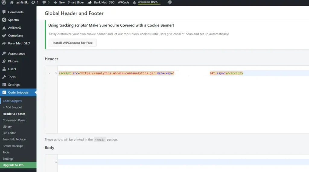 WPCode Lite plugin header and footer settings used to add Ahrefs verification code in WordPress.
