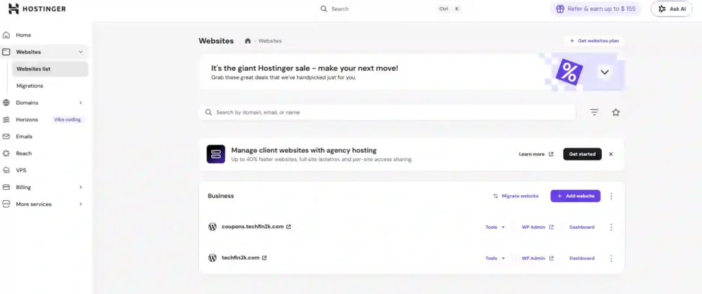 Hostinger hPanel websites section showing add website option and existing domains