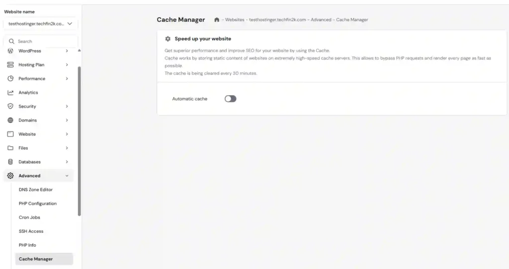 Hostinger cache manager showing automatic cache disabled