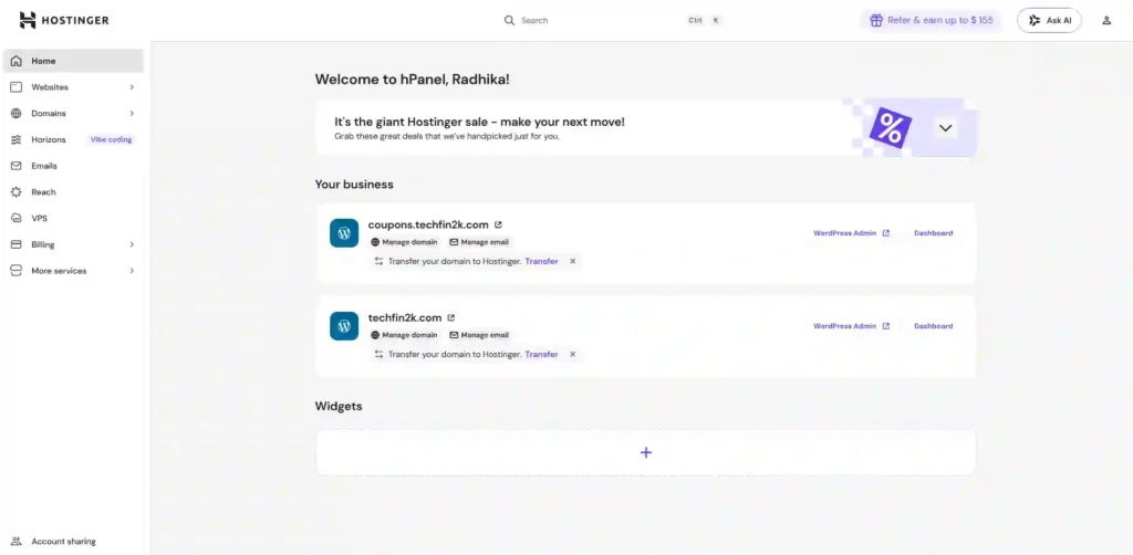Hostinger hPanel dashboard showing website management and navigation menu