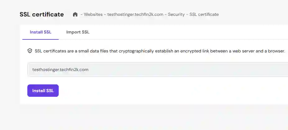 Hostinger SSL installation screen showing domain and install SSL option