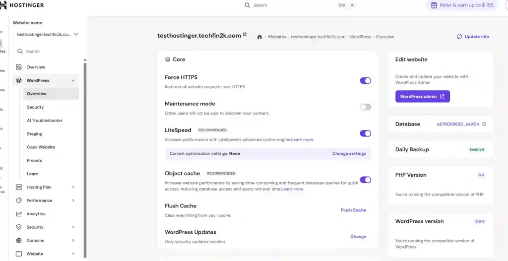 Hostinger WordPress overview showing LiteSpeed and object cache enabled
