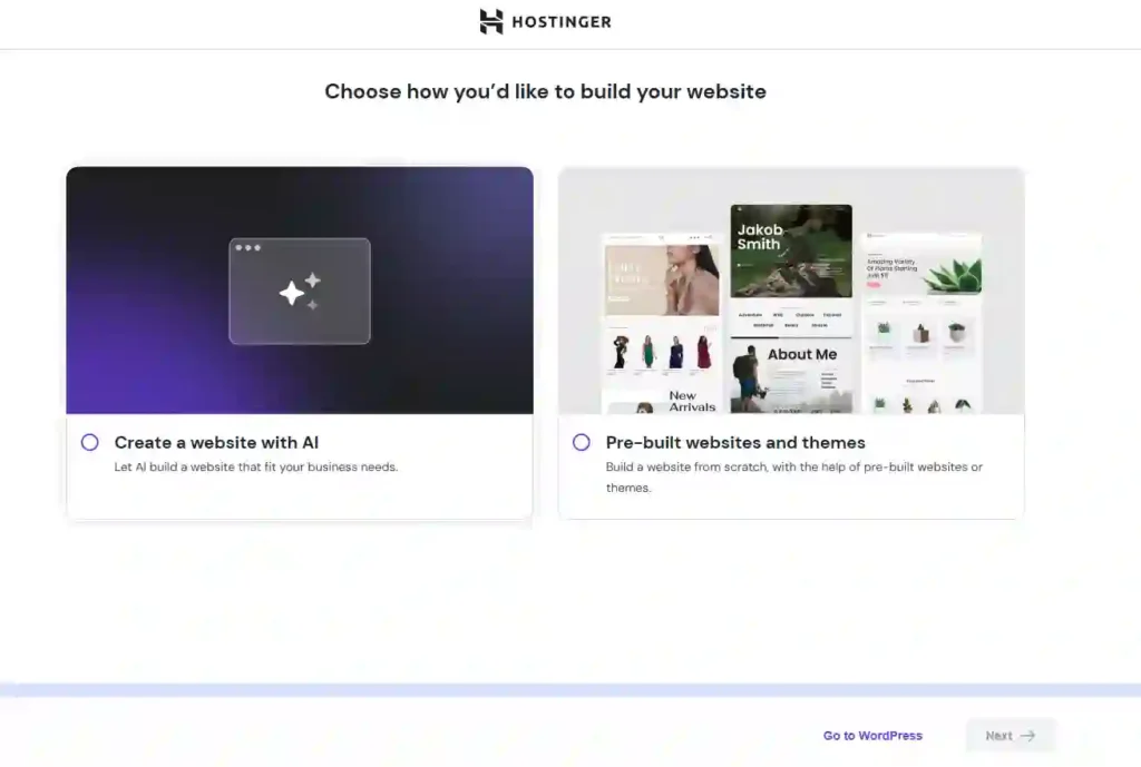 Hostinger post installation screen showing AI builder and prebuilt website options