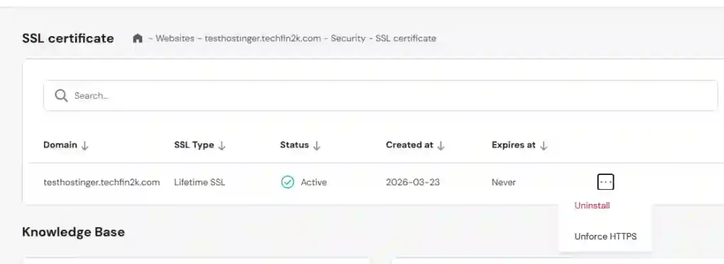 Hostinger SSL active status showing unforce HTTPS option enabled