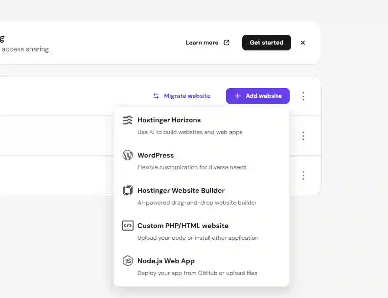 Hostinger website setup options including WordPress AI builder and custom website