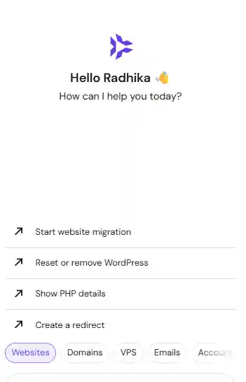 hostinger ai assistant kodee interface in hpanel showing chat and quick website management actions