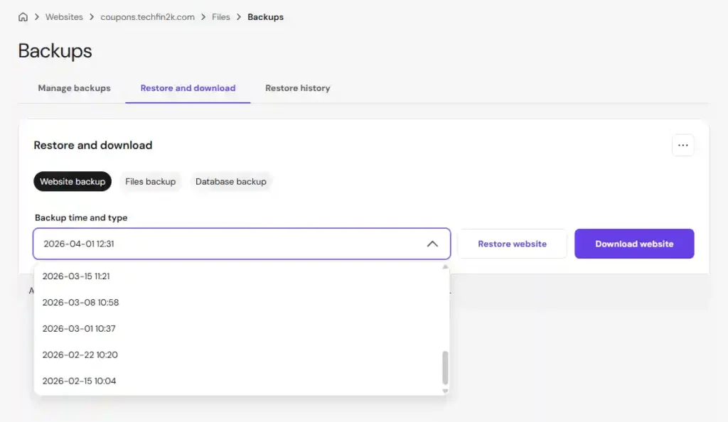 Hostinger backup restore history showing multiple previous dates available for website backup restoration