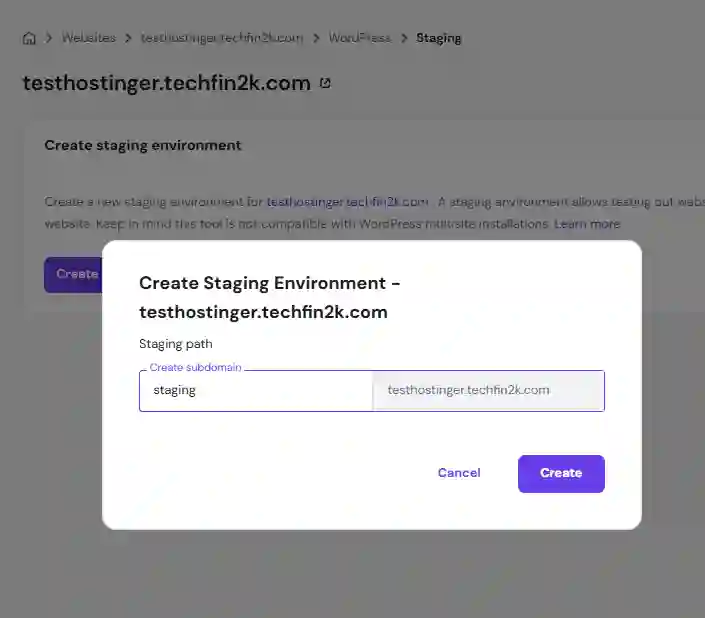 hostinger staging environment creation popup showing subdomain input field