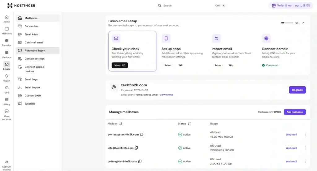 Hostinger email dashboard in hPanel showing mailboxes, usage, and setup options