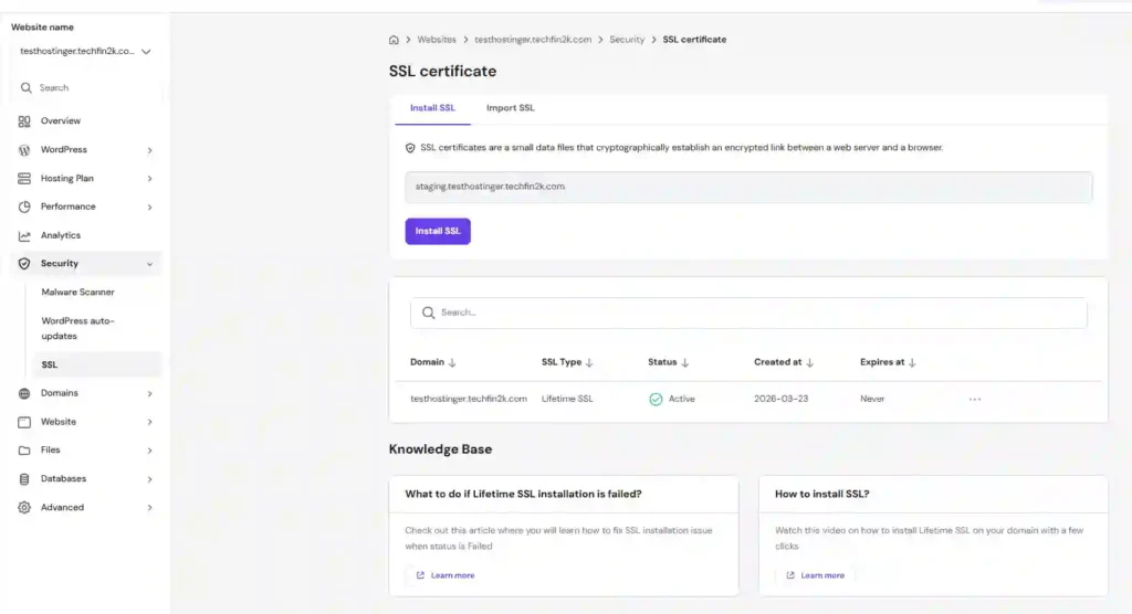 hostinger ssl certificate and security settings in hpanel showing active ssl status and security tools