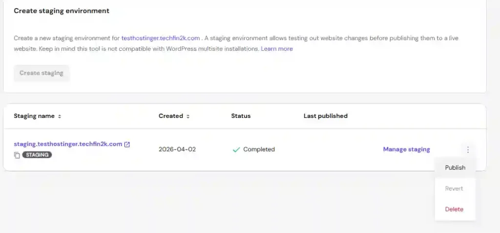 hostinger staging publish confirmation replacing live website