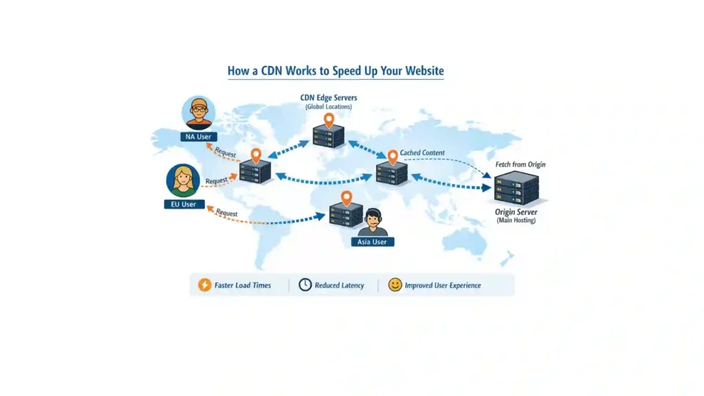 how CDN works with global servers delivering website content from nearest location to improve speed