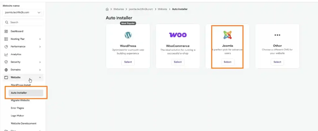 Hostinger website dashboard showing the Auto Installer option used to install Joomla.