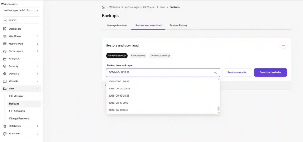 Hostinger Backup and Restore dashboard showing website backup restore points inside hPanel.