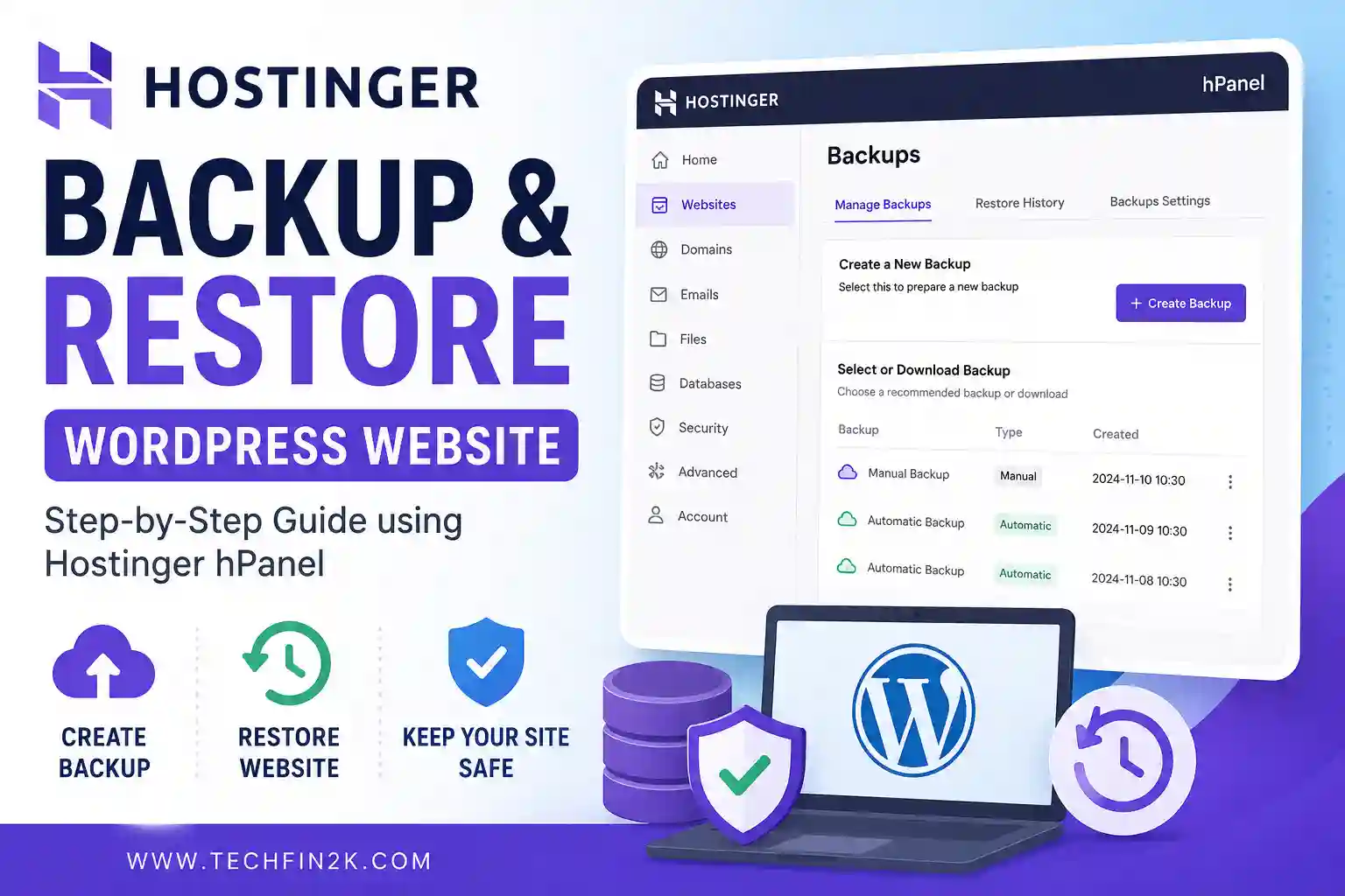 Hostinger Backup and Restore tutorial showing how to backup and restore a WordPress website using Hostinger hPanel.