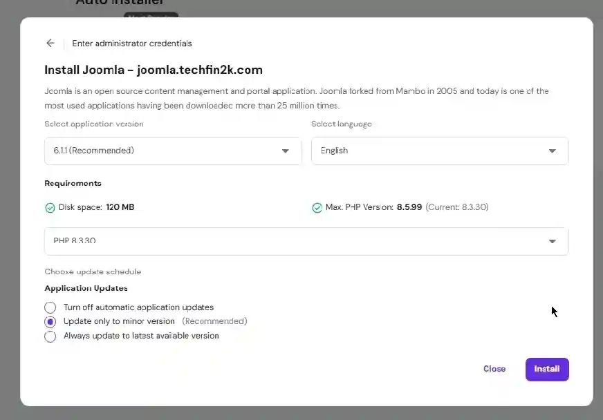 Hostinger Auto Installer displaying the Joomla installation settings, application version, PHP version, and update schedule before installation.