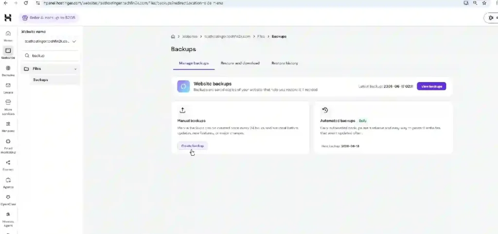 Hostinger backups dashboard showing manual backups and daily automated backups inside hPanel.