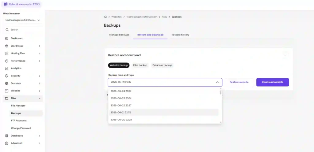 Hostinger restore website backup screen showing backup dates and Restore Website option in hPanel.