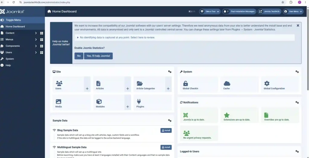 Joomla Administrator dashboard displayed after successfully installing Joomla on Hostinger.