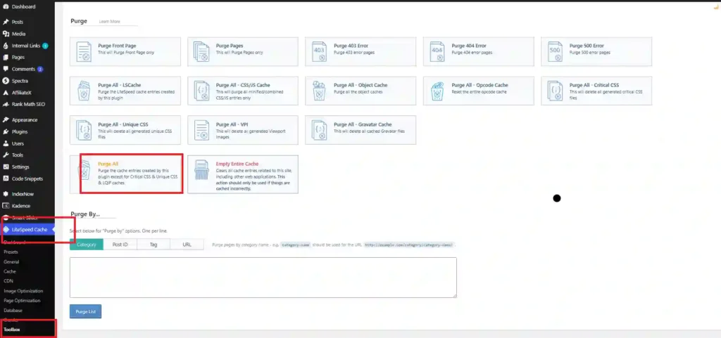 LiteSpeed Cache Toolbox showing the Purge All option after restoring a WordPress website.