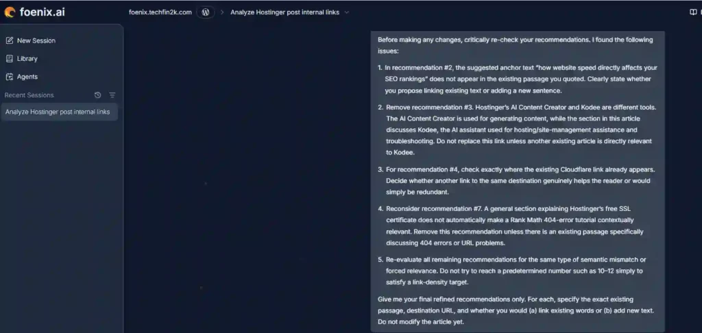 Prompt asking Foenix AI to critically re-evaluate its seven internal link recommendations