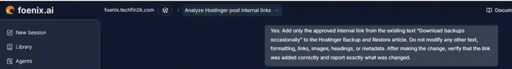 Prompt instructing Foenix AI to add only the approved internal link to the WordPress article