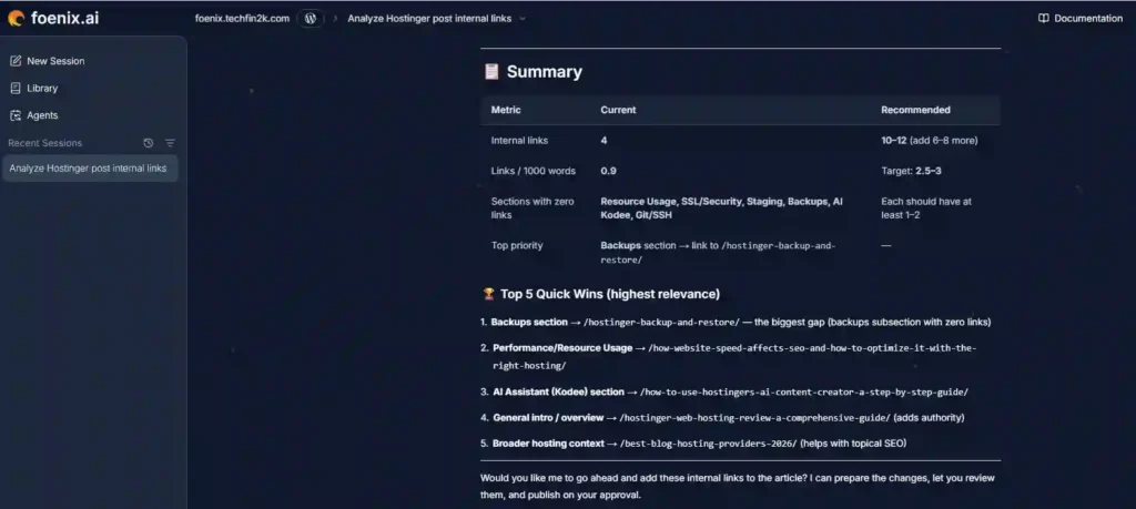 Foenix AI internal linking analysis showing recommended links and top opportunities
