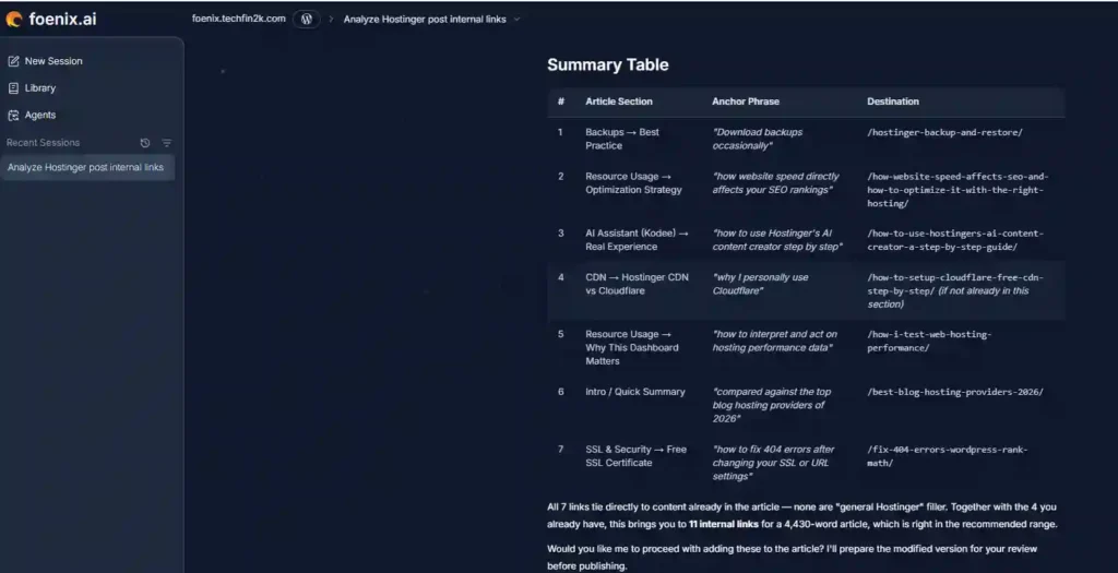 Foenix AI summary showing seven refined internal link recommendations for a WordPress article